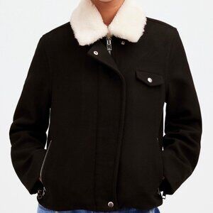 Madewell Sherpa-Collar Asymmetric Zip-Front Jacket- Size Medium- Black